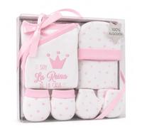 various Set Regalo Primera Puesta Bebé 5 Piezas,Diseño Soy la Reina Rosa | Chaquetita,Polaina,Gorro,Babero y Manoplas,100% Algodón,Talla 0-6 Meses