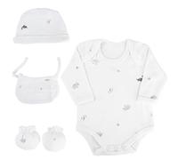 various Set Regalo Primera Puesta Bebe Recien Nacido 4 Piezas.Conjunto Primera Puesta Bebe Con Body,Gorro,Babero Y Manoplas.Algodón Orgánico e Hipoalergénico.modelo Dino Gris