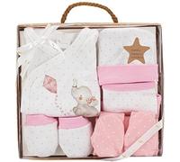 Various Set Regalo Primera Puesta Bebe Recien Nacido 5 Piezas.Conjunto Primera Puesta Bebe Con Chaquetita.Polaina,Gorro,Babero Y Manoplas.Algodón Orgánico e Hipoalergénico.modelo Elefante Rosa