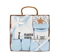 various Set Regalo Primera Puesta Bebe Recien Nacido 5 Piezas.Conjunto Primera Puesta Bebe Con Chaquetita.Polaina,Gorro,Babero Y Manoplas.Algodón Orgánico e Hipoalergénico (I LOVE MAMA Azul)