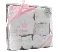 Various Set Regalo Primera Puesta Bebe Recien Nacido 5 Piezas.Conjunto Primera Puesta Bebe Con Chaquetita.Polaina,Gorro,Babero Y Manoplas.Algodón Orgánico e Hipoalergénico (Soy la Reina Rosa)
