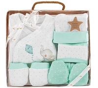 Various Set Regalo Primera Puesta Bebe Recien Nacido 5 Piezas.Conjunto Primera Puesta Bebe Con Chaquetita.Polaina,Gorro,Babero Y Manoplas.Algodón Orgánico e Hipoalergénico.modelo Elefantito. Verde