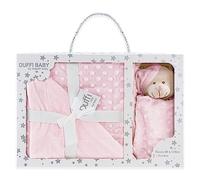 variouss Manta de Burbuja para Bebé 80x110 cm + Dou Dou Osito 28x17 cm | Manta Bebé Extra Suave 100% Microfibra | Set Regalo Recién Nacido con Caja Regalo | Manta y Mantita de Apego (Rosa)