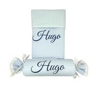 variouss Set de Manta de Verano y Cojín de Caramelo Personalizado con Nombre del Bebé Bordado, Colcha de algodón 100% 70 x 100 cm Ideal para Cuna, Mini Cuna y Carro de bebé. (Azul)