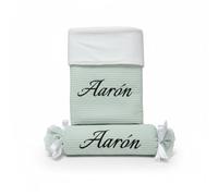 Variouss Set Manta y Cojín Caramelo Bebé Personalizados con Nombre - Suave Coralina y Algodón Waffle 70x100 cm - Regalo Recién Nacido, Baby Shower, Cuna y Carrito (Verde)