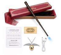 Varita mágica Hermione Granger con luz, 37 cm, varita mágica de Hermione, recargable por USB, varita mágica en caja de regalo con tarjeta de hechizo, collar y ticket de estación para cosplay