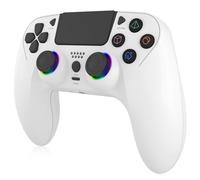 varkda Mando Inalámbrico para PS4, Mando Compatible con PS4/Slim/Pro/PC, Gamepad con 7 LED RGB/Doble Vibración/Sensor Giroscópico 6 Ejes/Batería 950 mAh/Panel Táctil/Conector para Auriculares, Blanco