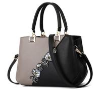 VARLIVOO Bolso Mujer Elegante Bolso de Mano con Bordado Floral PU Piel Bolsa Bandolera Marca para Trabajo Viajes Compras Fiesta Gris