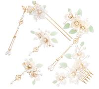 VARMDUKKE 5 horquillas para el pelo con borlas de flores de camelia, palitos de perlas de diamantes de imitación chinos vintage, peine de moño floral, tocado de novia para mujeres, bodas, fiestas
