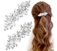 VARMDUKKE Pasadores de diamantes de imitación, 2 estilos de pinzas de pelo con perlas de cristal para bodas, pinzas francesas plateadas para mujer, pelo largo grueso, horquillas brillantes para novia,