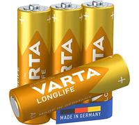 Varta 4106 Pack de 4 Pilas alcalinas AA, Amarillo | Tamaño LR6, Made in Germany, conservación hasta 10 años, para mando a distancia, reloj de pared, radio, despertador