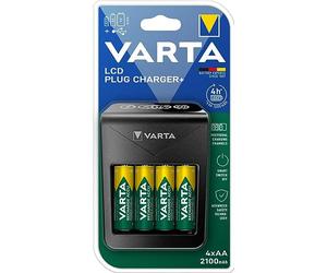 VARTA Cargador de Pilas, incl. 4X AA 2100mAh, cargador para pilas AA/AAA/9V recargables y dispositivos USB, LCD Plug Charger+, carga a ranura única