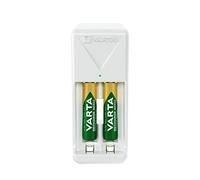 VARTA Cargador para 2 AA/AAA, Mini Plug Charger, Enchufe UE | para pilas recargables NiMH, uso mundial 100-240 V, Incl. 2x AA 800 mAh, protección sobrecarga e inversión de polaridad
