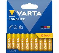 VARTA Longlife - Pilas alcalinas AAA (10 Unidades, 1,5 V, Ideal para cámara Digital, Controlador, Monitor de presión Arterial Embalaje sin plástico)