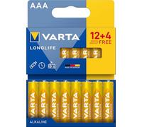 VARTA Longlife - Pilas alcalinas AAA (16 Unidades, 1,5 V, Ideal para cámara Digital, Controlador, Monitor de presión Arterial Embalaje sin plástico)