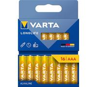 VARTA Longlife - Pilas alcalinas AAA (16 Unidades, 1,5 V, Ideal para cámara Digital, Controlador, Monitor de presión Arterial Embalaje sin plástico)