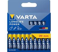 VARTA Longlife Power - Pilas alcalinas AAA (20 Unidades, 1,5 V, Ideal para cámara Digital, Controlador, Monitor de presión Arterial Embalaje sin plástico)