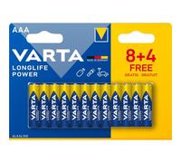 Varta Pila Longlife Power AAA Micro LR03 (paquete de 8 + 4 unidades), pila alcalina para juguetes, linternas, mandos y otros aparatos que funcionan con pilas, plata