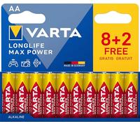 VARTA Pilas AA, Pack de 10, Longlife MAX Power, alcalinas | LR6 1,5 V, Made in Germany, conservación hasta 10 años, para cámara digital, flash, consola de juegos, mando o GPS