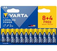 VARTA Pilas AA, Pack de 12 (8+4), Longlife Power, alcalinas, 1,5 V | pila LR6, Made in Germany, conservación hasta 10 años, para consola de juegos, cepillo de dientes, PC-ratón o mando