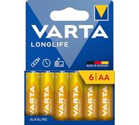 VARTA Pilas AA, Pack de 6, Longlife, alcalinas, 1,5 V | Tamaño LR6, Made in Germany, conservación hasta 10 años, para mando a distancia, reloj de pared, radio, despertador