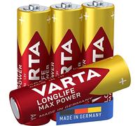 VARTA Pilas AA, paquete de 4, Longlife Max Power, Alcalinas, 1,5V, aptas para cámaras digitales, controladores, monitores de presión arterial, Made in Germany