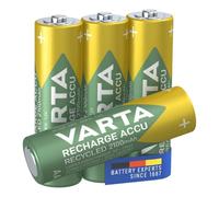 VARTA Pilas AA, Recargables, Pack de 4, Recharge Accu Recycled, 1.2 V | 2100 mAh pila Ni-MH, Tamaño HR6, precargadas, sin efecto memoria, de material reciclado al 25 %, LED-Linterna