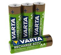 VARTA Pilas AA, recargables, paquete de 4, Recharge Accu Endless, batería recargable, 2500 mAh Ni-MH, sin efecto memoria, precargadas, listas para usar