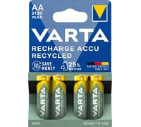 VARTA Pilas AA, recargables, paquete de 4, Recharge Accu Recycled, batería recargable, 2100 mAh Ni-MH, fabricadas con un 21% de materiales reciclados, precargadas, listas para usar