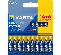 VARTA Pilas AAA, Pack de 20 (14+6), Longlife Power, alcalinas, 1,5 V | pila AAA LR03, Made in Germany, conservación hasta 10 años, para consola de juegos, cepillo de dientes, ratón o mando