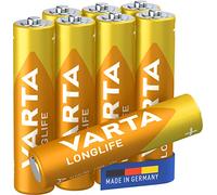 VARTA Pilas AAA, Pack de 8, Longlife, alcalinas, 1,5 V | Tamaño LR03, Made in Germany, conservación hasta 10 años, para mando a distancia, reloj de pared, radio, despertador