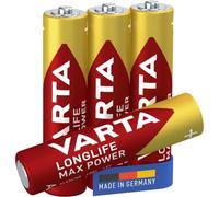 VARTA Pilas AAA, paquete de 4, Longlife Max Power, Alcalinas, 1,5V, aptas para cámaras digitales, controladores, monitores de presión arterial, Made in Germany