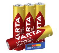VARTA Pilas AAA, paquete de 4, Longlife Max Power, Alcalinas, 1,5V, aptas para cámaras digitales, controladores, monitores de presión arterial, Made in Germany