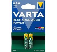 VARTA Pilas AAA, recargables, paquete de 2, Recharge Accu Power, batería recargable, 1000 mAh Ni-MH, sin efecto memoria, precargadas, listas para usar