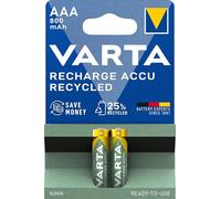VARTA Pilas AAA, recargables, paquete de 2, Recharge Accu Recycled, batería recargable, 800 mAh Ni-MH, fabricadas con un 21% de materiales reciclados, precargadas, listas para usar