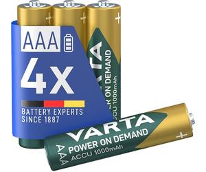 VARTA Pilas AAA, recargables, paquete de 4, Recharge Accu Power, batería recargable, 1000 mAh Ni-MH, sin efecto memoria, precargadas, listas para usar