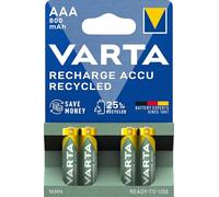 VARTA Pilas AAA, recargables, paquete de 4, Recharge Accu Recycled, batería recargable, 800 mAh Ni-MH, fabricadas con un 21% de materiales reciclados, precargadas, listas para usar