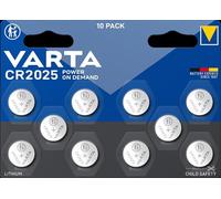 VARTA Pilas de botón CR2025, Pack de 10, Power on Demand, Lithium, 3 V | embalaje seguro para niños, para pequeños aparatos electrónicos, llave de coche, mando a distancia, báscula o calculadora