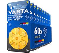 VARTA Pilas para aparatos auditivos tipo 10 amarillo, paquete de 60, Power on Demand, batería de audífono, pilas de botón para audífonos, Made in Germany
