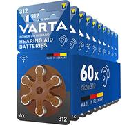 VARTA Pilas para aparatos auditivos tipo 312 marrón, paquete de 60, Power on Demand, batería de audífono, pilas de botón para audífonos, Made in Germany