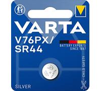 Varta V76PX/SR44- Pila de botón, Plateada | embalaje seguro para niños, tecnología óxido de plata, sin mercurio, para termómetro, pulsómetro o llave de coche