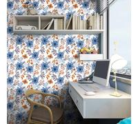 VaryFloral Papel pintado floral azul de 30,5 x 300 cm, papel de contacto con flores naranjas, papel tapiz adhesivo de acuarela, vinilo grueso botánico para muebles de encimera de cocina