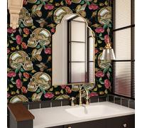 VaryPaper Papel Pintado con Calaveras Estilo Gótico 44.5cmx200cm Papel Pintado Autoadhesivo Flores Vintage Vinilos para Muebles Negro Mate Vinilo Autoadhesivo Armario Pasillo Baño Escalera Forrar