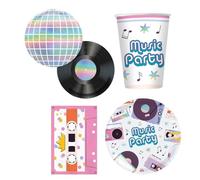 Varzi desde 1956 - Kit de fiesta musical con platos con forma de disco y bola de discoteca, vasos, servilletas con caja de radio y mantel rosa para una fiesta temática musical única - Varzi desde 1956