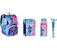 VARZI Juego escolar completo Stitch de 4 piezas - Mochila ergonómica, estuche de 3 cremalleras incluido, botella de aluminio y bolígrafo multicolor - Kit escolar para niña