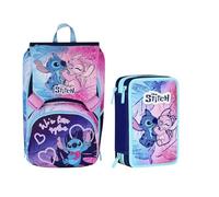 VARZI School Pack Stitch - Mochila escolar con correas ergonómicas + estuche de 3 cremalleras completo con accesorios - Kit para niña de colores