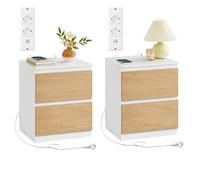 VASAGLE Mesita de Noche con Regleta de Enchufes, Juego de 2, Mesa Auxiliar, 2 Cajones, 2 Tomas AC, 1 Puerto USB-A, 1 Puerto USB-C, Sala de Estar, Dormitorio, Moderno, Amarillo Almendra LET821Y02