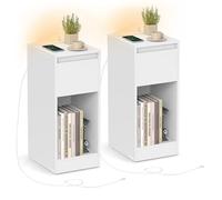 VASAGLE 2 Mesitas de Noche Estrechas, con Iluminación LED | Juego de 2, 1 Puerto USB-A, 1 Puerto USB-C, Cajón, Dormitorio, Salón, Blanco Nube, Colección KAILYN LET710W01