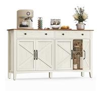 VASAGLE Aparador, Alacena de Cocina con 4 Puertas, 140 x 40 x 80 cm | Muebles de Cocina con Puertas y Estante Regulable, Blanco Rústico y Marrón Miel, Colección LIRY BBK381W02