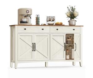 VASAGLE Aparador, Alacena de Cocina con 4 Puertas, 140 x 40 x 80 cm | Muebles de Cocina con Puertas y Estante Regulable, Blanco Rústico y Marrón Miel, Colección LIRY BBK381W02